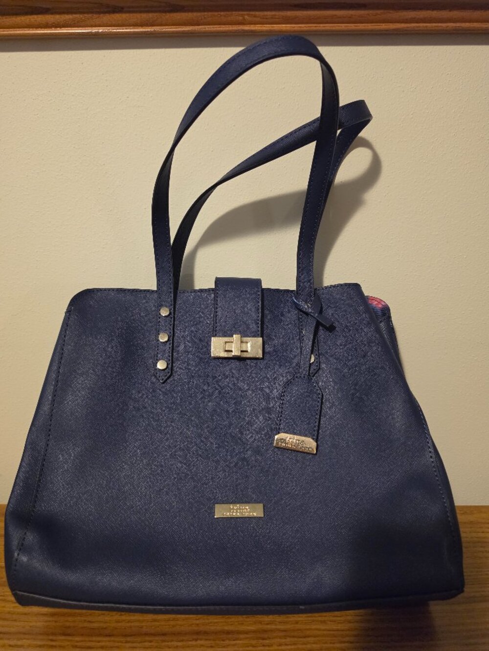 Trina Turk Navy Saffiano Structured Shoulder Tote Bag Floral Lining Turnlock
